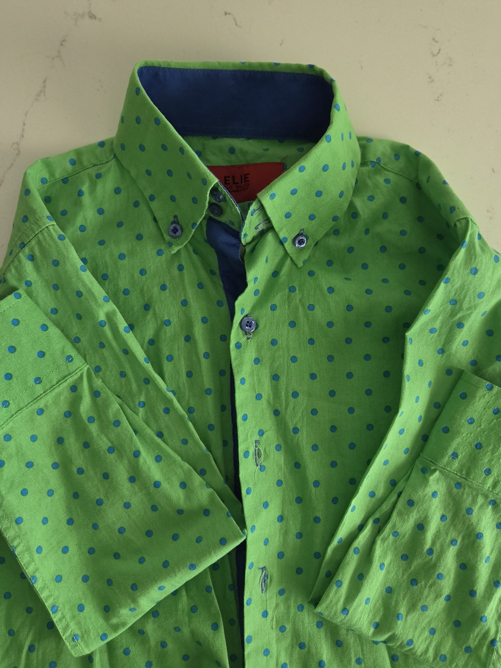 Ellie Balleh Green Shirt with Blue Polka Dots
